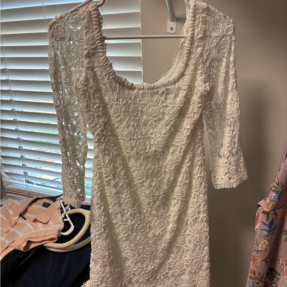 Cream Sheath Dress with Puff Sleeves and Scoop Neck